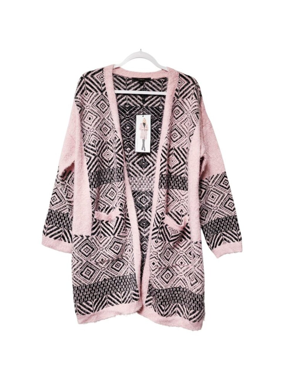 Maxsport Womens Pink & Black Geometric Open Front Knit Cardigan Size L